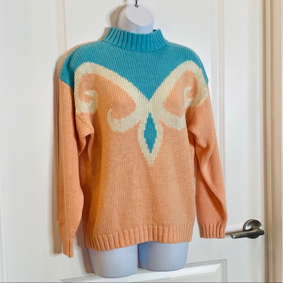 VINTAGE Pale Pink & Blue Mock Neck Sweater Size M - Picture 4 of 10